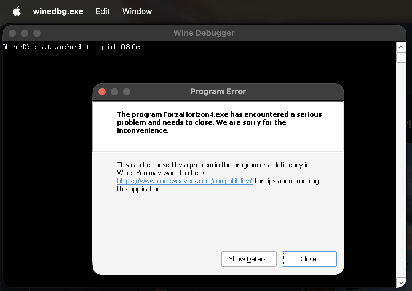 Wine’s “ForzaHorizon4.exe has encountered a serious problem” dialog with a Wine Debugger window behind it
